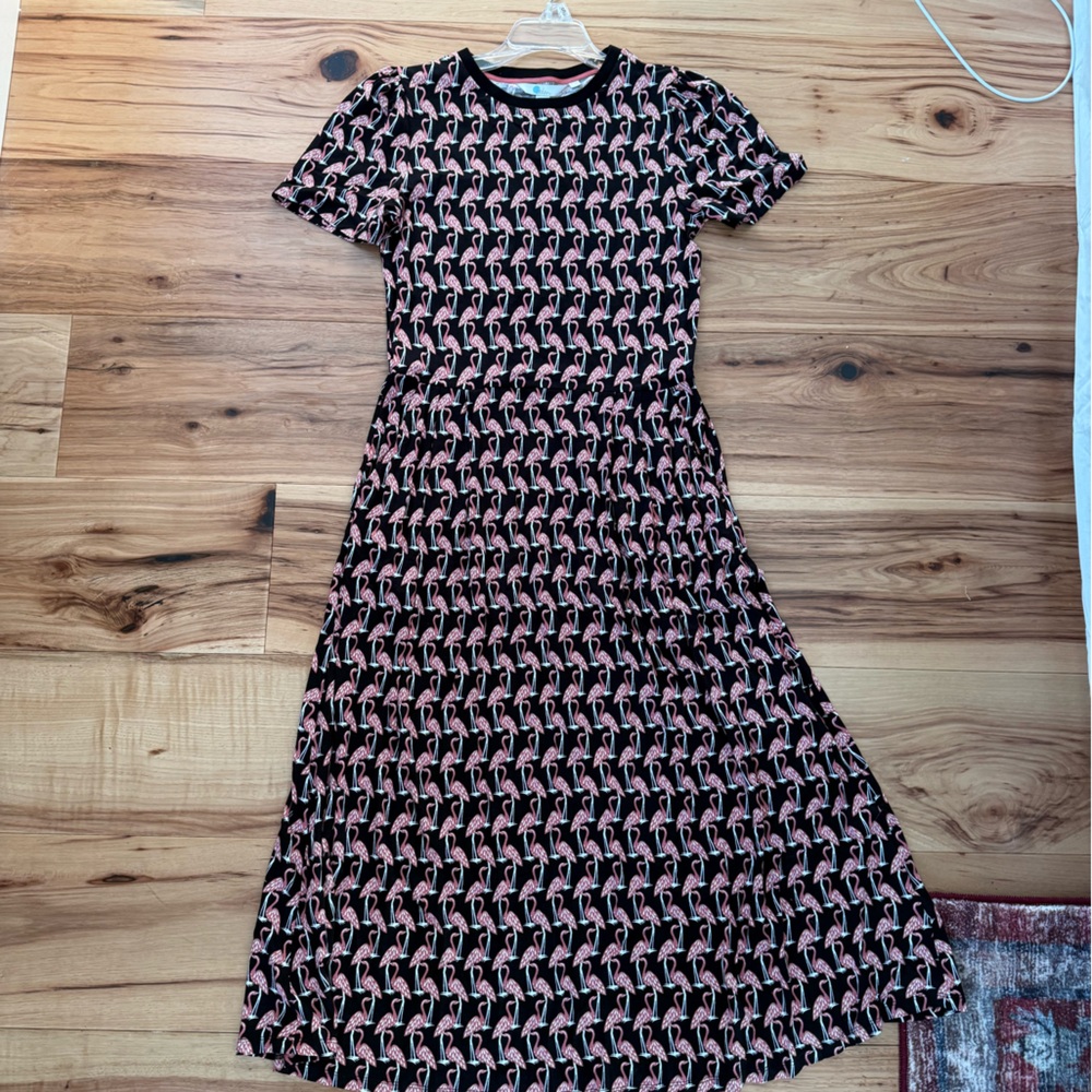 Boden Lucinda Jersey Dress size 6R, new w/tag, black with flamingo print